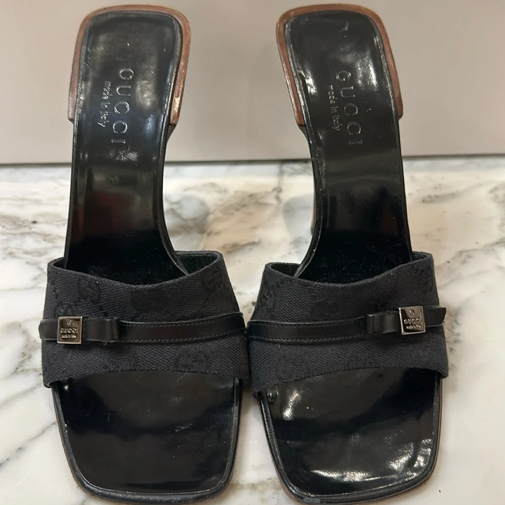 Gucci blk monogram high heel mule size 81/2 - Picture 1 of 8